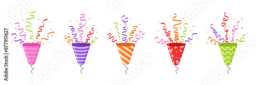 Celebrate party popper exploded decoration collection flat illustration