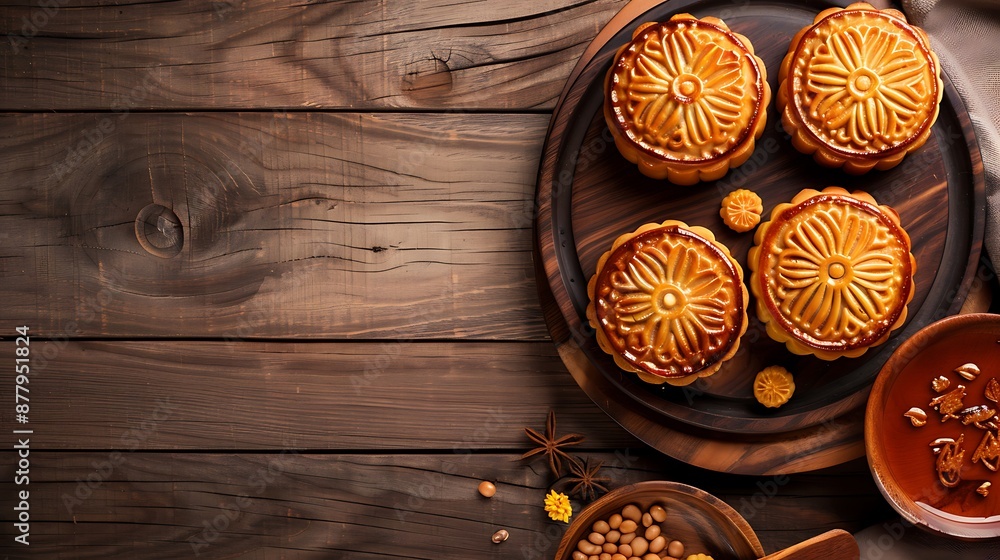 Delicious mung bean moon cake for mid Autumn festival food mooncake on dark wood table background Delicious mung bean moon cake for mid Autumn festival food mooncake on dark wood table background