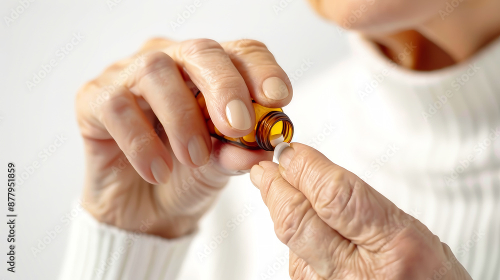 A close-up image of an elderly persons hand carefully dispensing pills from a bottle A close-up image of an elderly persons hand carefully dispensing pills from a bottle