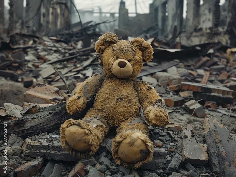 Teddy Bear in the Ashes of a Destroyed Home. Teddy Bear in the Ashes of a Destroyed Home.