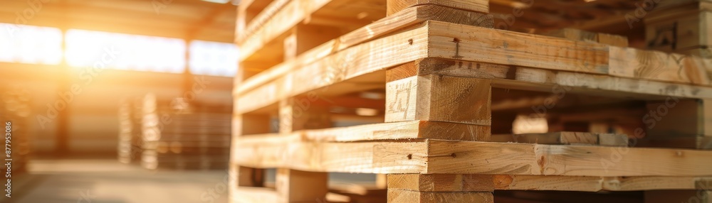 Wooden pallets stacked in a warehouse with natural sunlight creating a warm atmosphere, representing logistics and shipping operations. Wooden pallets stacked in a warehouse with natural sunlight creating a warm atmosphere, representing logistics and shipping operations.