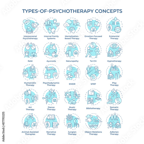 Types of psychotherapy soft blue concept icons. Mental health and wellbeing. Talk therapy. Change behaviour and become happy. Icon pack. Vector images. Round shape illustrations. Abstract idea