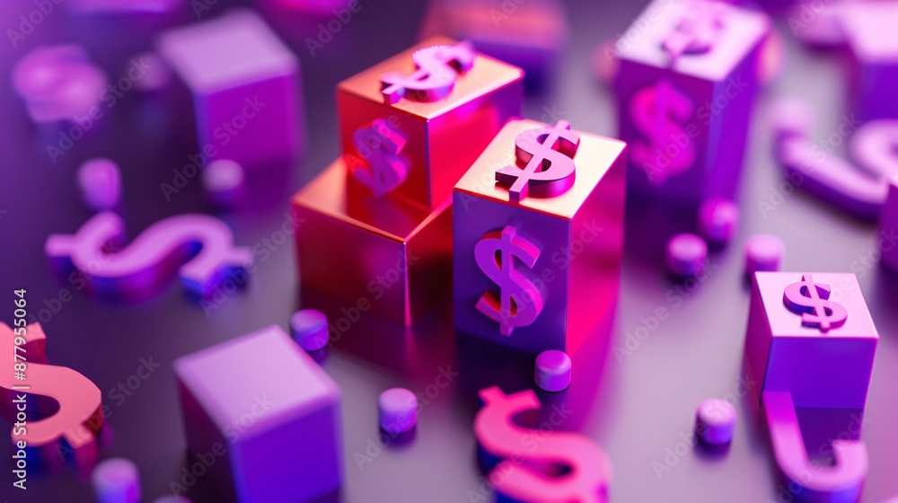 The currency symbols for DOLLAR and EURO on shining cubes against a purple backdrop, created using 3D rendering. The currency symbols for DOLLAR and EURO on shining cubes against a purple backdrop, created using 3D rendering.