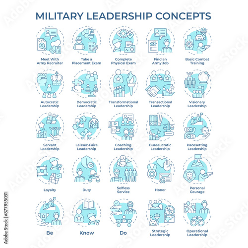Military leadership soft blue concept icons. Army recruitment. Military career. Combat training. Armed forces service. Icon pack. Vector images. Round shape illustrations. Abstract idea