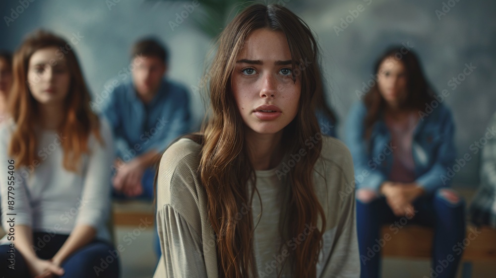 Distressed female attending group counseling. Distressed female attending group counseling.