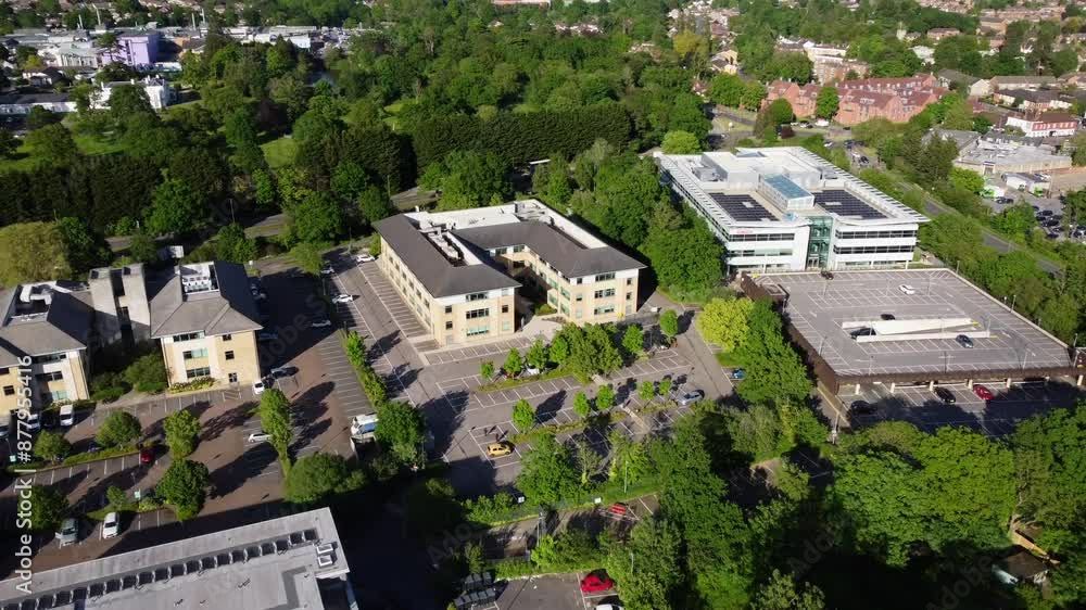 Drone shot business park and office buildings in Surrey in England Drone shot business park and office buildings in Surrey in England