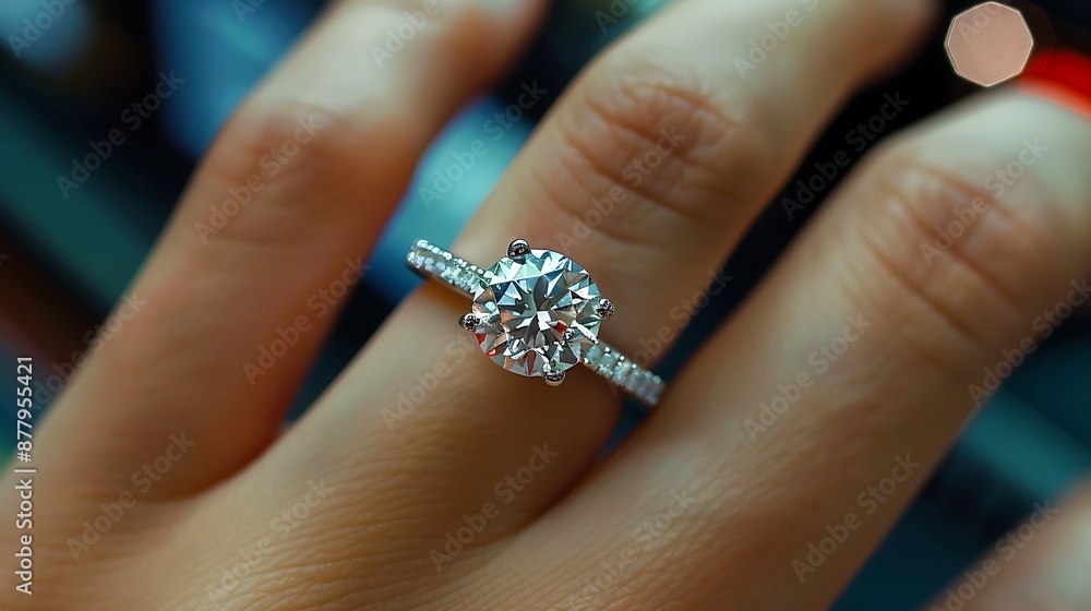 Radiant Elegance: Close-Up of Diamond Ring on Finger Radiant Elegance: Close-Up of Diamond Ring on Finger
