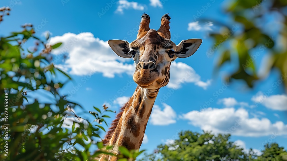 giraffe with green trees and blue sky giraffe with green trees and blue sky