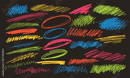Vibrant Collection Of Colorful Hand-drawn Scribbles, Circles, And Lines On Black Background. Vector Images