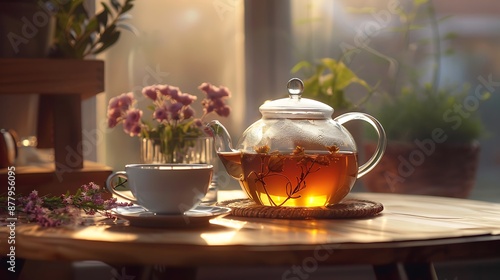 glass teapot with tea cup of herbal tea © Bonnie