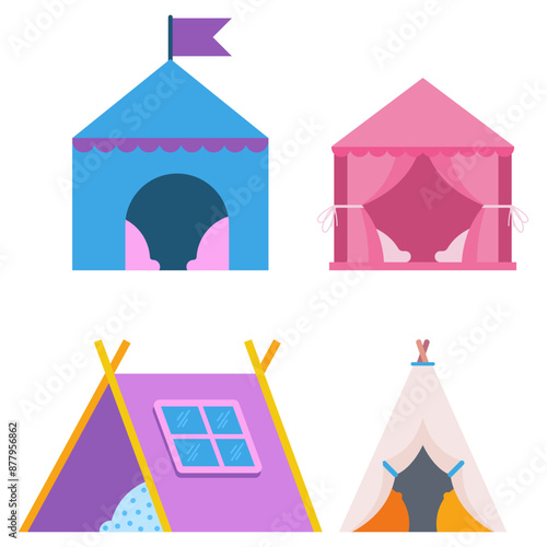 Kids play tents and teepees vector cartoon set isolated on a white background.