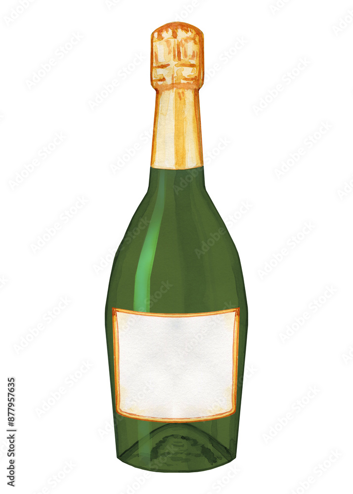 Closed green glass champagne bottle watercolor illustration. Hand drawn prosecco and sparkling wine for the menu and bar. Festive alcoholic drink. Closed green glass champagne bottle watercolor illustration. Hand drawn prosecco and sparkling wine for the menu and bar. Festive alcoholic drink.