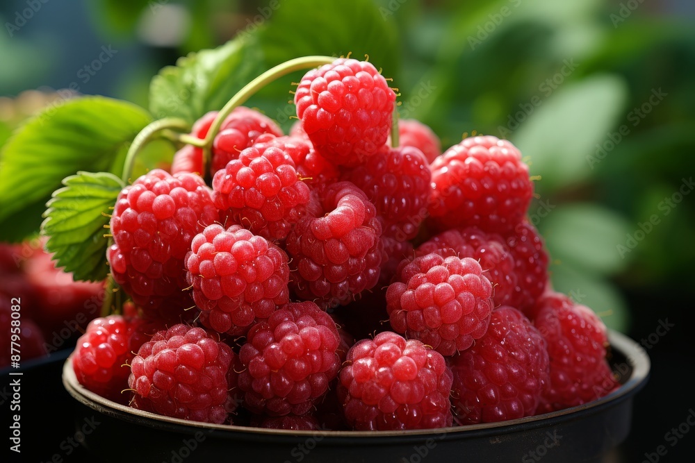Ripe raspberries on bush, white table, soft focus background for vibrant summer harvest imagery Ripe raspberries on bush, white table, soft focus background for vibrant summer harvest imagery
