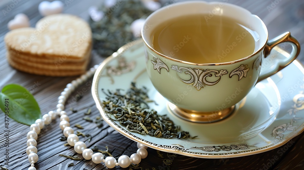 Jasmine green tea with pearl neclace and decorative heart Jasmine green tea with pearl neclace and decorative heart