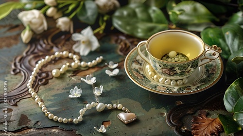 Jasmine green tea with pearl neclace and decorative heart photo