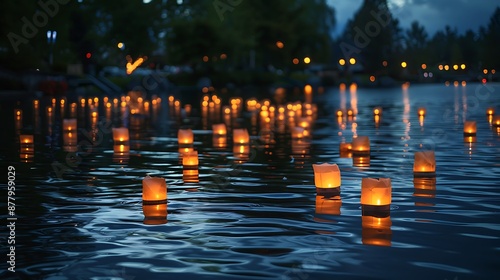 lantern floating on green lake park for memorial