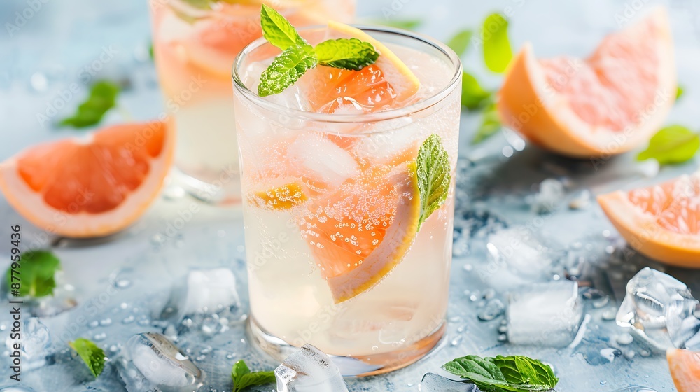 Lemonade drink made from grapefruit soda water and mint leaves with ice on light blue slate Lemonade drink made from grapefruit soda water and mint leaves with ice on light blue slate
