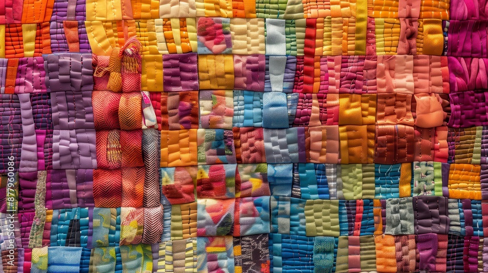 A close-up of a patchwork quilt made of various colors and textures A close-up of a patchwork quilt made of various colors and textures