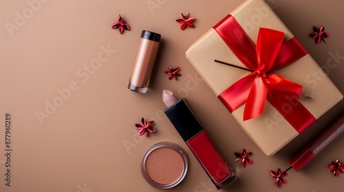 make up products with gift box on light brownbackground photo