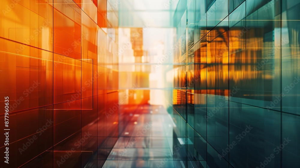 Obraz premium Urban abstraction featuring layers of translucent panels and reflective surfaces.