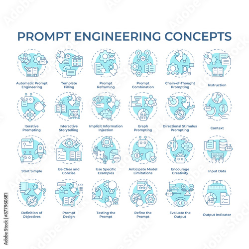 Prompt engineering soft blue concept icons. Conversational artificial intelligence. Design instruction for ai. Generate response. Icon pack. Vector images. Round shape illustrations. Abstract idea