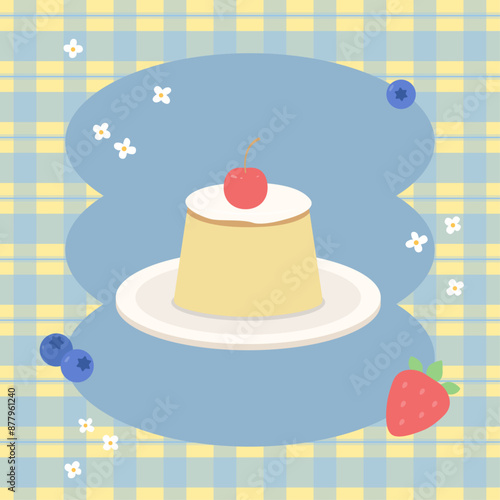 Fruits and a custard pudding on yellow and blue checkered pattern.