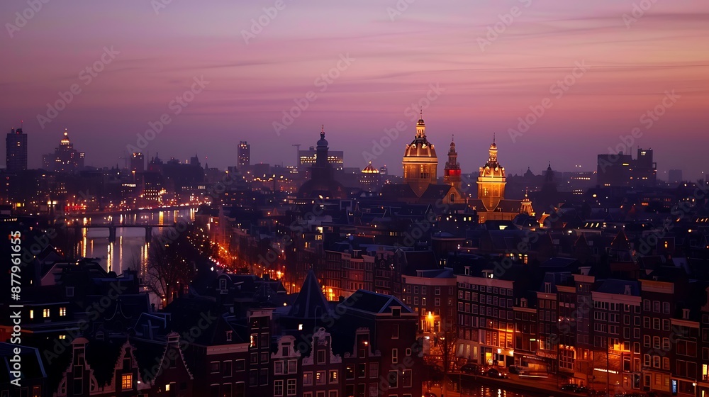 Obraz premium Night skyline historical center of Amsterdam