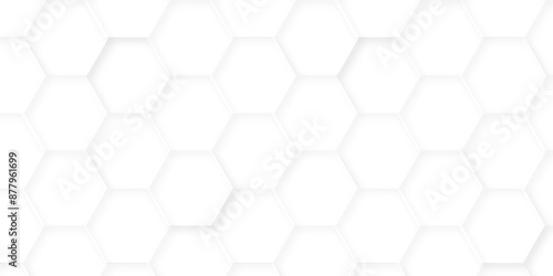 Abstract white 3d hexagon creative grid honeycomb structure mosaic pattern background. luxury minimal technology network abstraction tech digital tile vector wall banner surface polygon background.