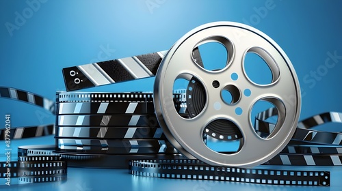 Blue 3D movie theater film strip and reel featuring clapper board