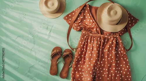Polka dot summer brown dress suede wedge sandals eco straw tote bag cosmetics on a light green background