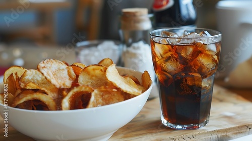 Potato chips in a white bowl and a glass of cola with ice