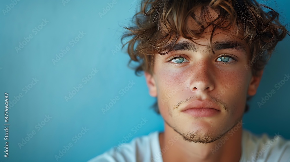 Fototapeta premium Portrait of an unhappy young man , blue color background banner with copy space 