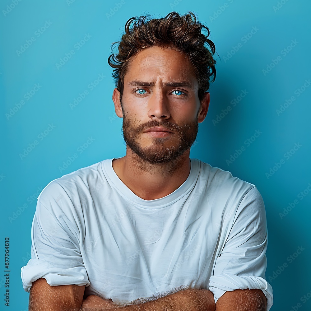 Obraz premium Portrait of an unhappy young man , blue color background banner with copy space 