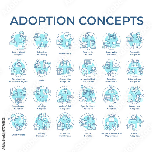 Adoption soft blue concept icons. Family formation. Step parents. Adopted child. Legal process. Parental rights. Foster care. Icon pack. Vector images. Round shape illustrations. Abstract idea