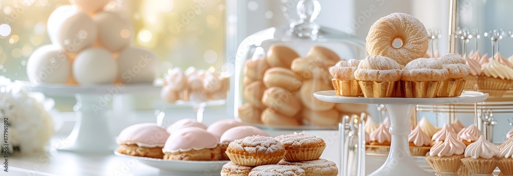 A delightful assortment of pastries and desserts displayed on elegant stands, perfect for a sweet treat or celebration centerpiece. A delightful assortment of pastries and desserts displayed on elegant stands, perfect for a sweet treat or celebration centerpiece.