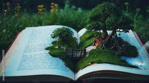 Miniatur taman di atas buku yang berada di tengah hutan, seamless looping 4k animation video background photo