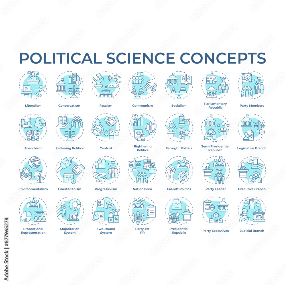 Fototapeta premium Political science soft blue concept icons. Government structure and social politics. Political ideology. Law regulation. Icon pack. Vector images. Round shape illustrations. Abstract idea