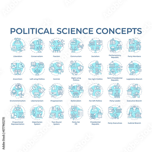 Political science soft blue concept icons. Government structure and social politics. Political ideology. Law regulation. Icon pack. Vector images. Round shape illustrations. Abstract idea