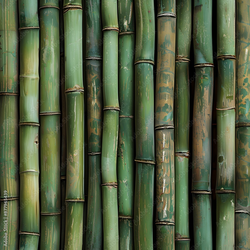 Fototapeta premium Close-Up of Bamboo Stems, Green Natural Bamboo Texture, Vertical Bamboo Background