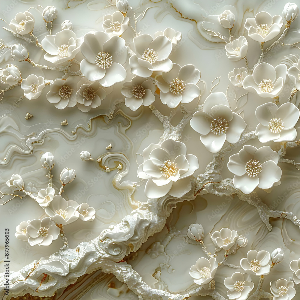 White Flowers 3D Illustration on Marble Background White Flowers 3D Illustration on Marble Background