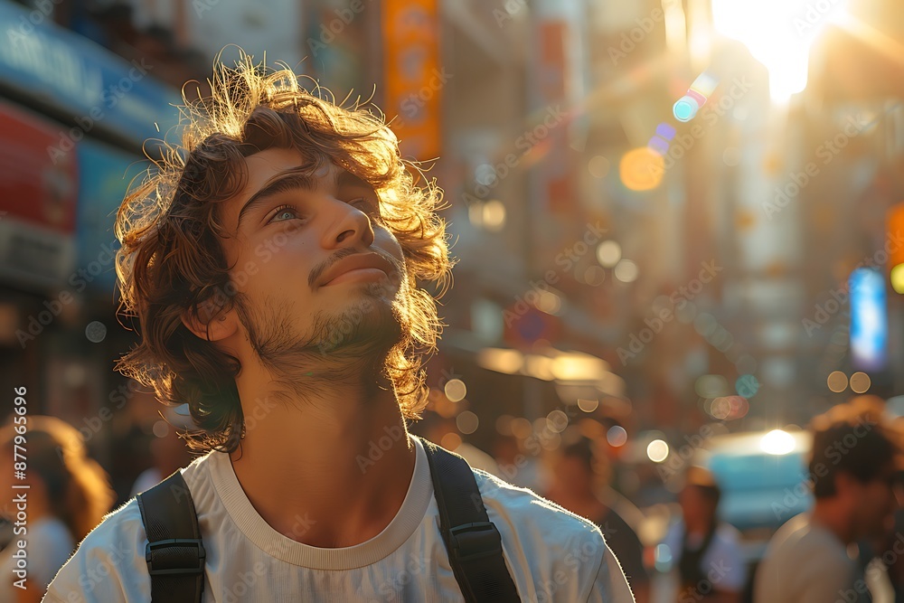 A happy young Caucasian man looking up at the sky alone in a busy city, sun shining A happy young Caucasian man looking up at the sky alone in a busy city, sun shining