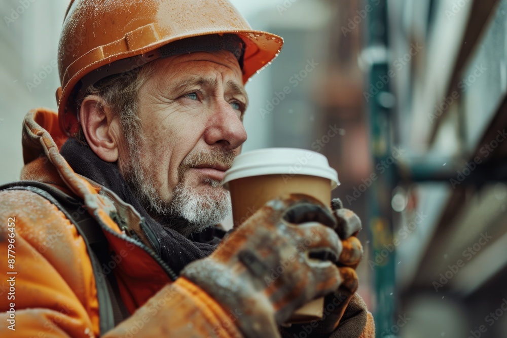 A construction worker takes a break with a cup of coffee, highlighting the importance of downtime on job sites A construction worker takes a break with a cup of coffee, highlighting the importance of downtime on job sites