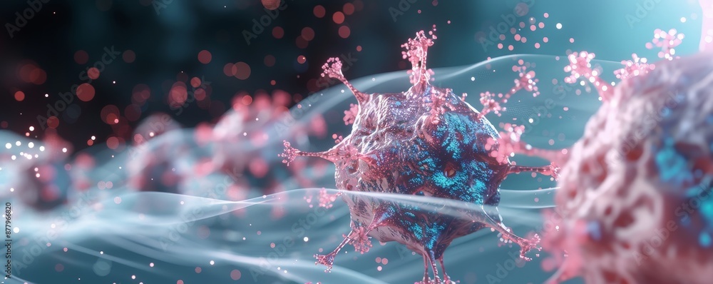 Microscopic view of virus cells floating in a fluid backdrop ...