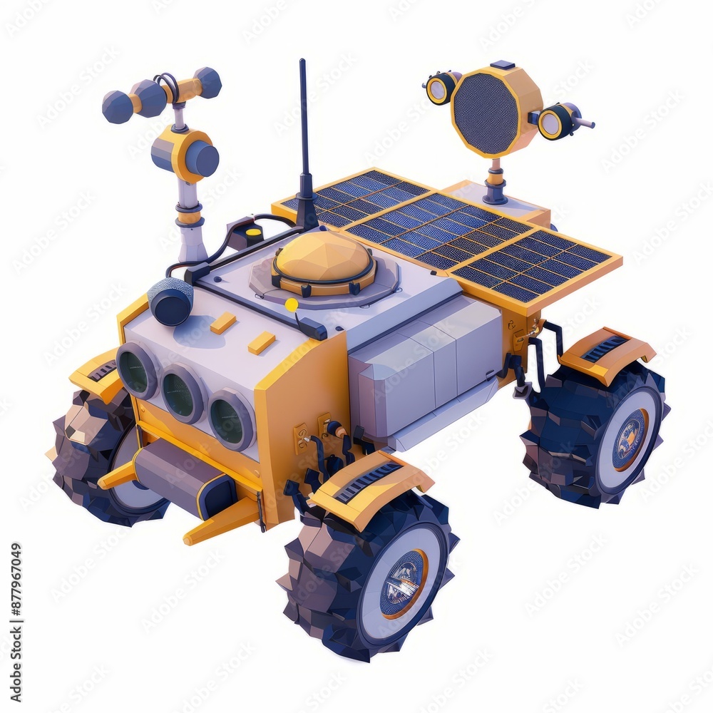 3D Render, Low Poly style of a space exploration rover with solar panels, on isolated white background, Generative AI 3D Render, Low Poly style of a space exploration rover with solar panels, on isolated white background, Generative AI
