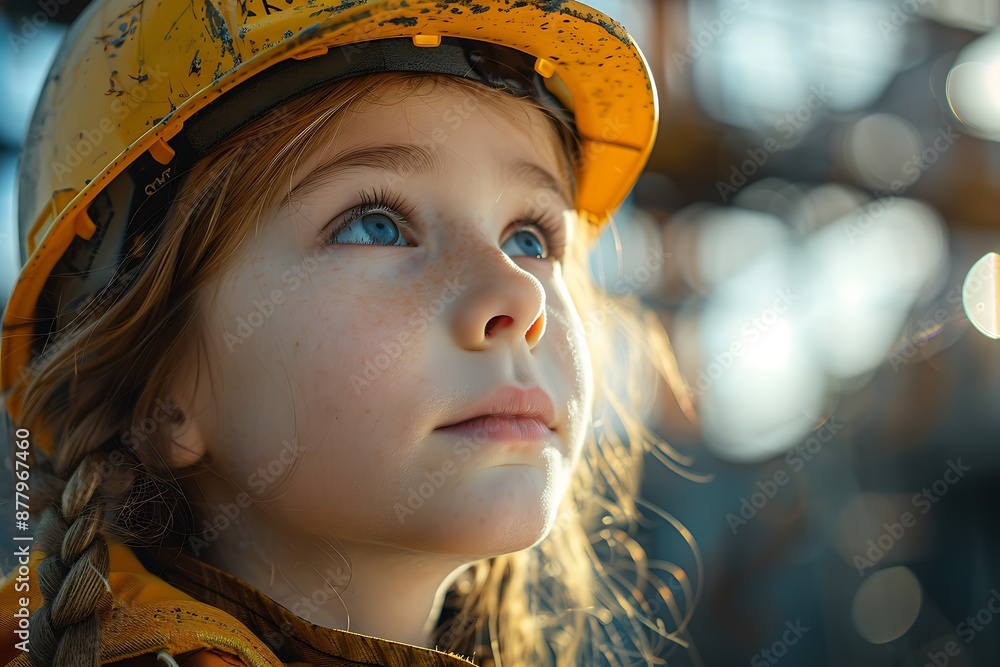Playground safety concept image with a young boy kid with hard hat letting see an outdoor playground with slide Playground safety concept image with a young boy kid with hard hat letting see an outdoor playground with slide