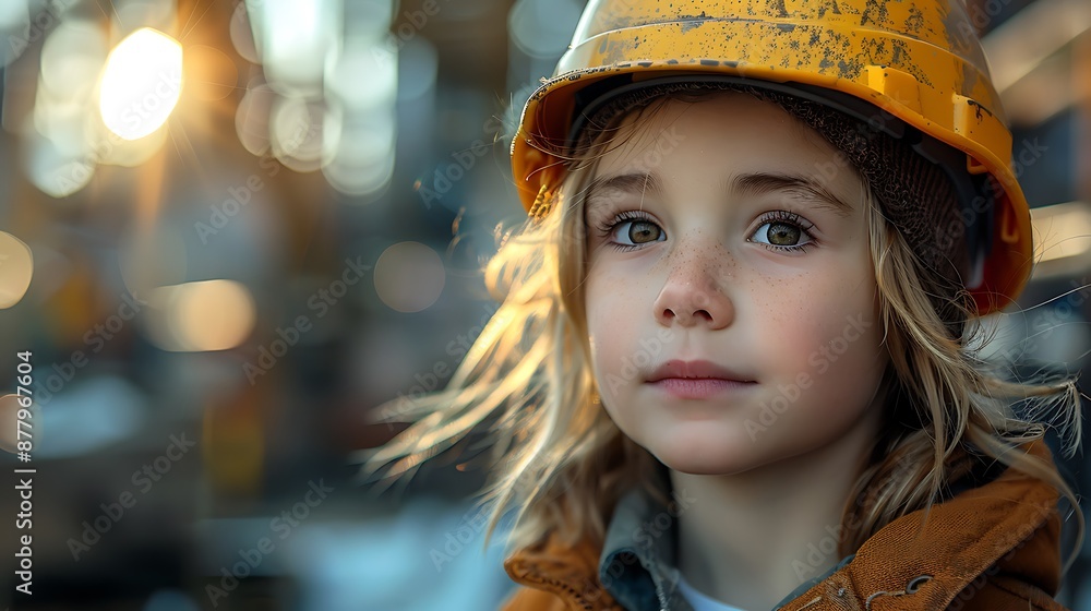Playground safety concept image with a young boy kid with hard hat letting see an outdoor playground with slide Playground safety concept image with a young boy kid with hard hat letting see an outdoor playground with slide