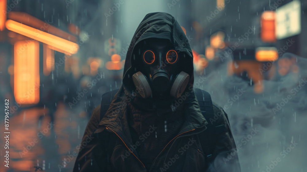 Person Wearing a Gas Mask in a City. Person Wearing a Gas Mask in a City.