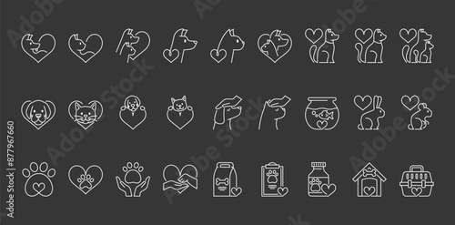 Collection Of Black And White Icons Depicting Animals And Symbols Of Love For Pets. Linear Signs Of Dogs, Cats, Fish