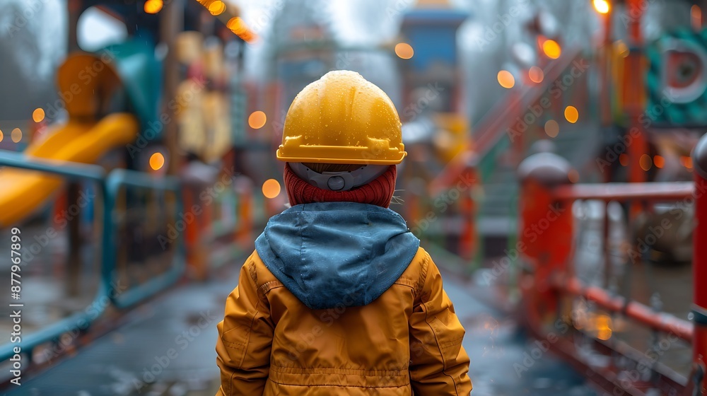 Playground safety concept image with a young boy kid with hard hat letting see an outdoor playground with slide Playground safety concept image with a young boy kid with hard hat letting see an outdoor playground with slide