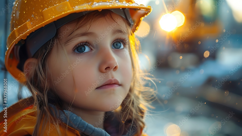 Playground safety concept image with a young boy kid with hard hat letting see an outdoor playground with slide Playground safety concept image with a young boy kid with hard hat letting see an outdoor playground with slide